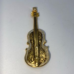 Spanish Damascene Gold and Black Violin Musical Figural Instrument Brooch Pin